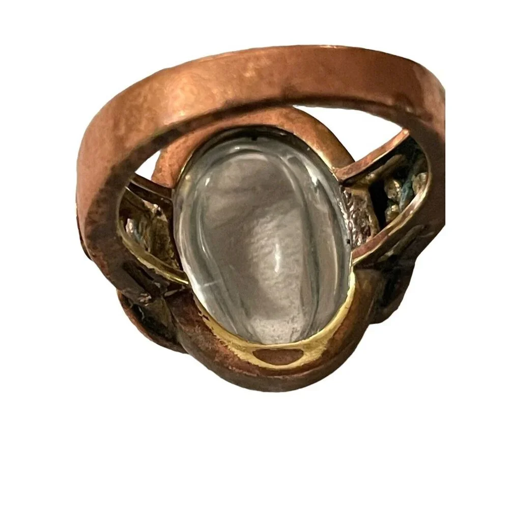 VTG Cabochon Clear Glass Filigree Floral Brass Ring Oval Gypsy Orb‎ MCM Size 7